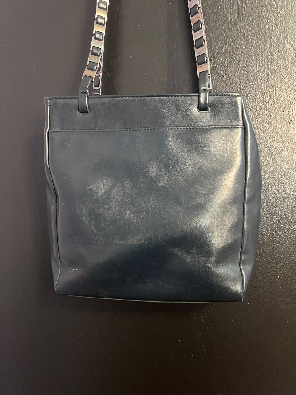 Vintage Nine West Navy Leather Tote Bag with Pewter Chain Strap - Picture 3 of 5